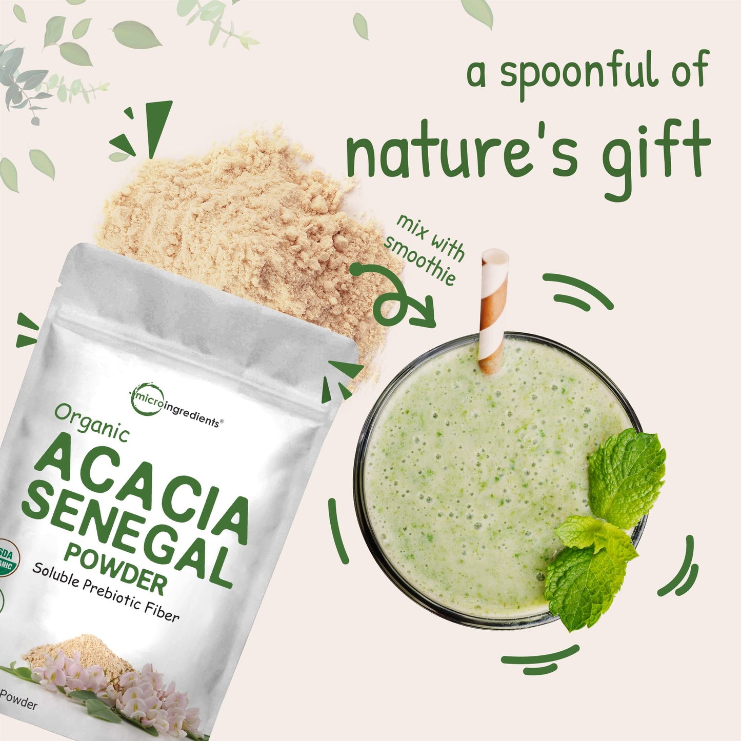 Micro Ingredients Organic Acacia Senegal Powder, 2 Pounds (32 Ounce), Instant Soluble