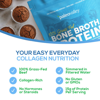 Paleovalley 100% Grass Fed Beef Bone Broth Protein Powder - Rich in Collagen Peptides