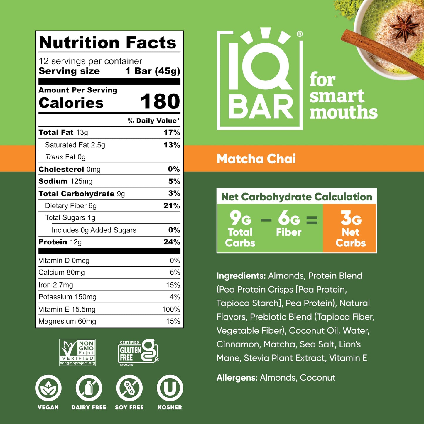 IQBAR Brain and Body Plant Protein Bars - Matcha Chai - 12 Count, Low Carb, High Fiber