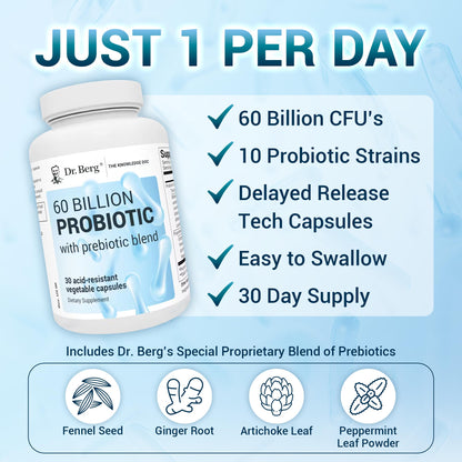 Dr. Berg 60 Billion Probiotic Supplement - Probiotics for Men & Women - Pre and Probiotics