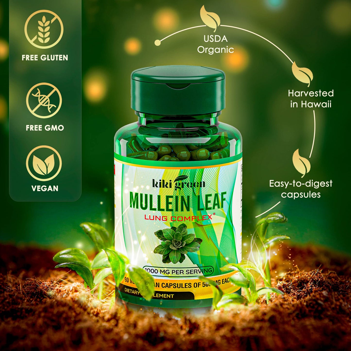 KIKI Green Mullein Leaf Extract Capsules - Herbal Respiratory Supplement - for Lung Cleans