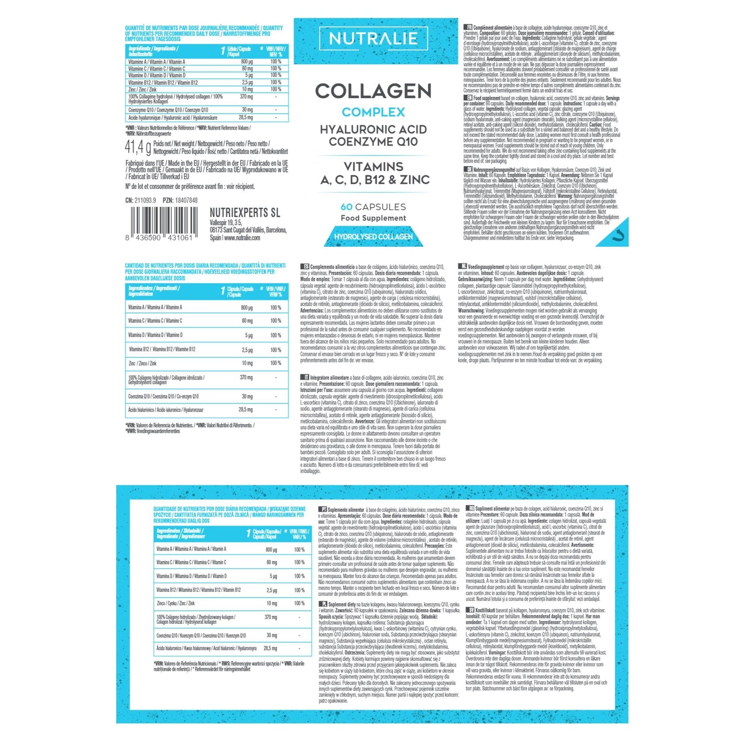 Collagen + Hyaluronic Acid + Q10 Hydrolysed Collagen Women Men + Vitamins A C D B12 Zinc