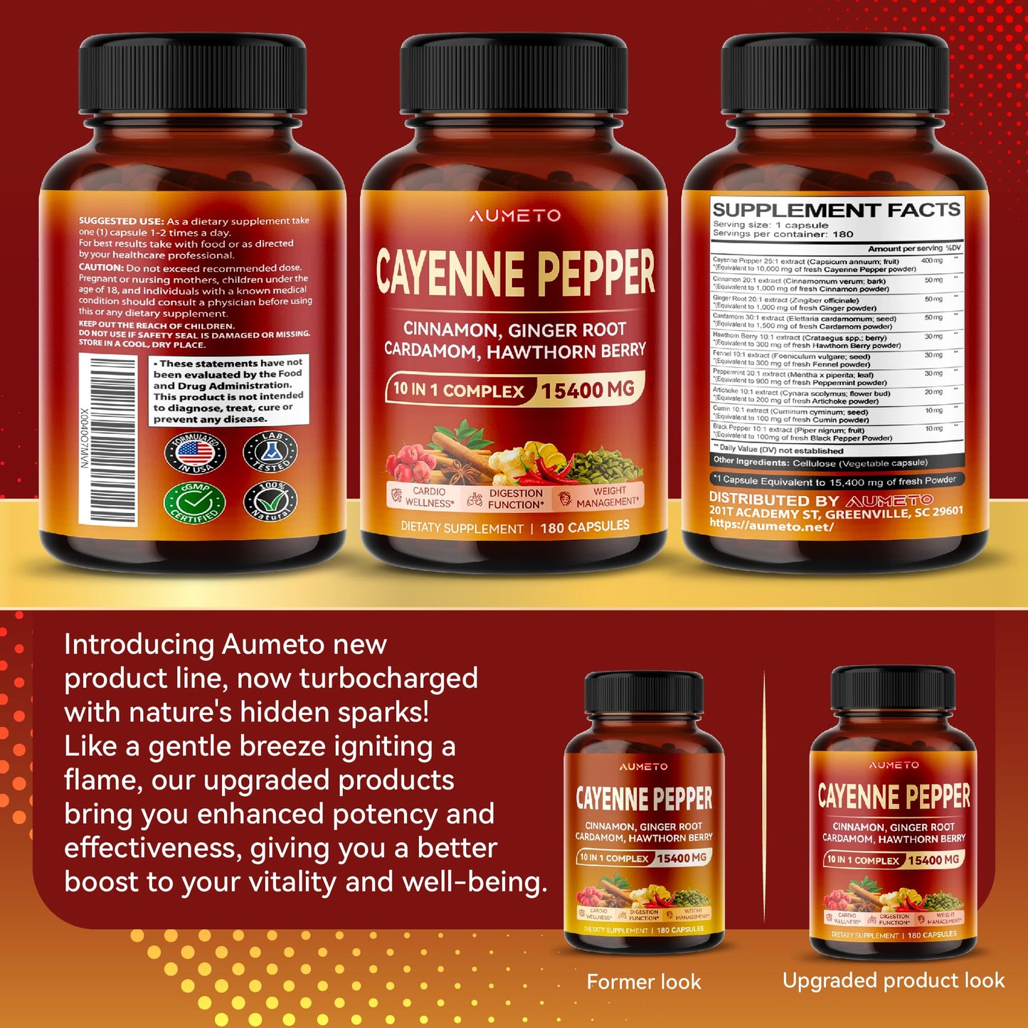 AUMETO Cayenne Pepper 15,400mg Ultra Complex with Cinnamon, Ginger Root, Cardamom