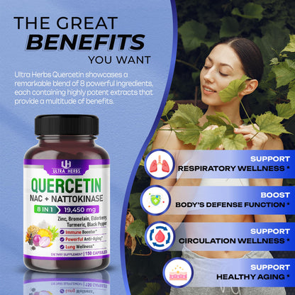 Quercetin 19,450mg 8 IN 1 with NAC, Nattokinase, Zinc, Bromelain, Elderberry, Turmeric