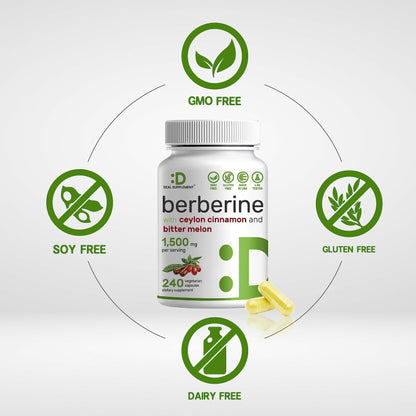 Berberine Supplement 500mg Per Capsule (1500mg Per Serving) | 240 Veggie Capsules