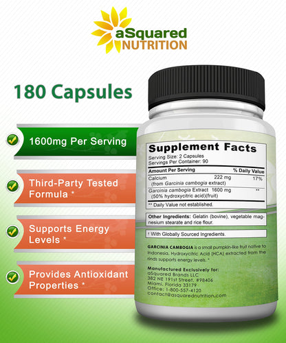 aSquared Nutrition Garcinia Cambogia 1600mg-180 Capsules-Natural Pure Extract Pills