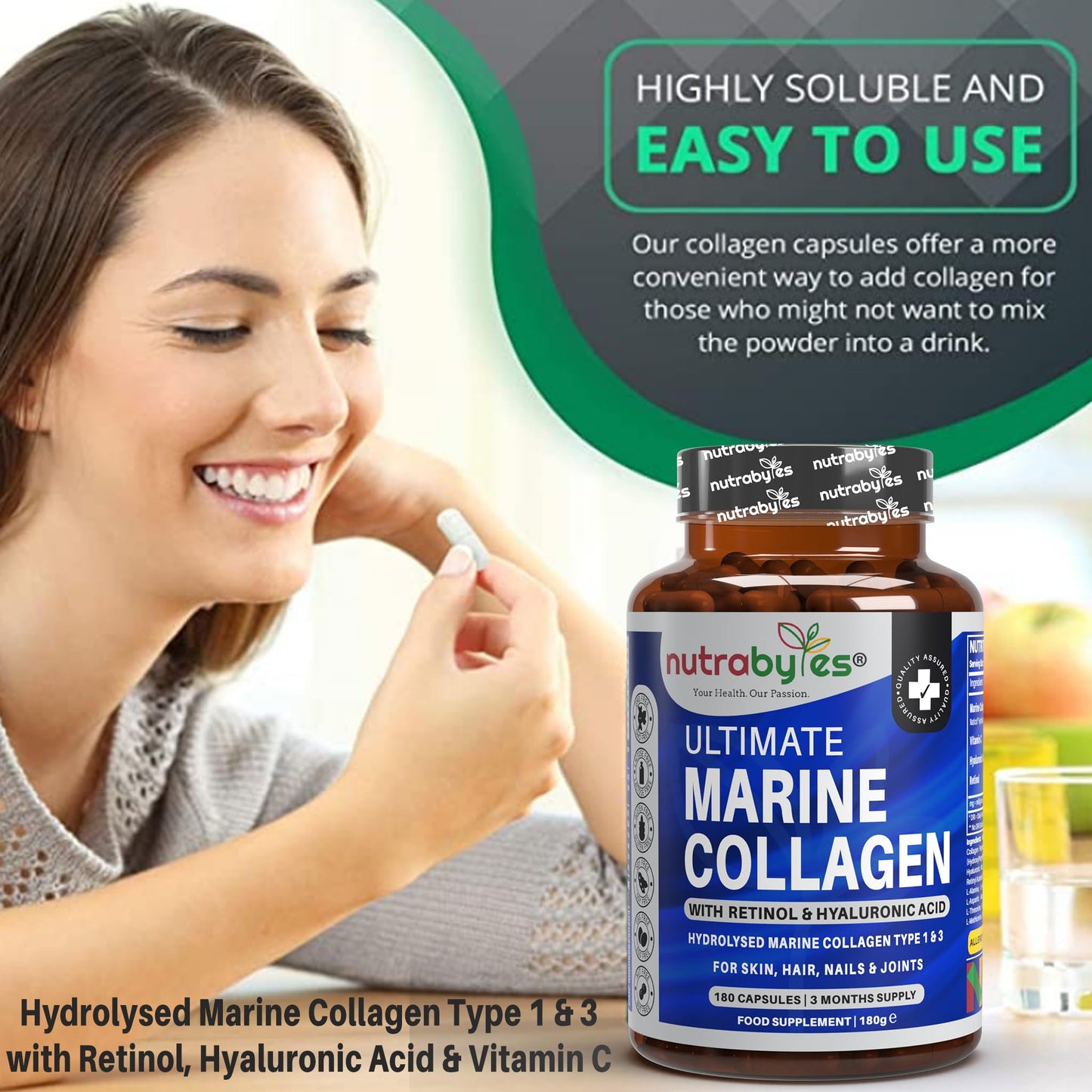 High Strength Marine Collagen with Hyaluronic Acid, Retinol and Vitamin C | 180 Capsules - 3 Months Supply