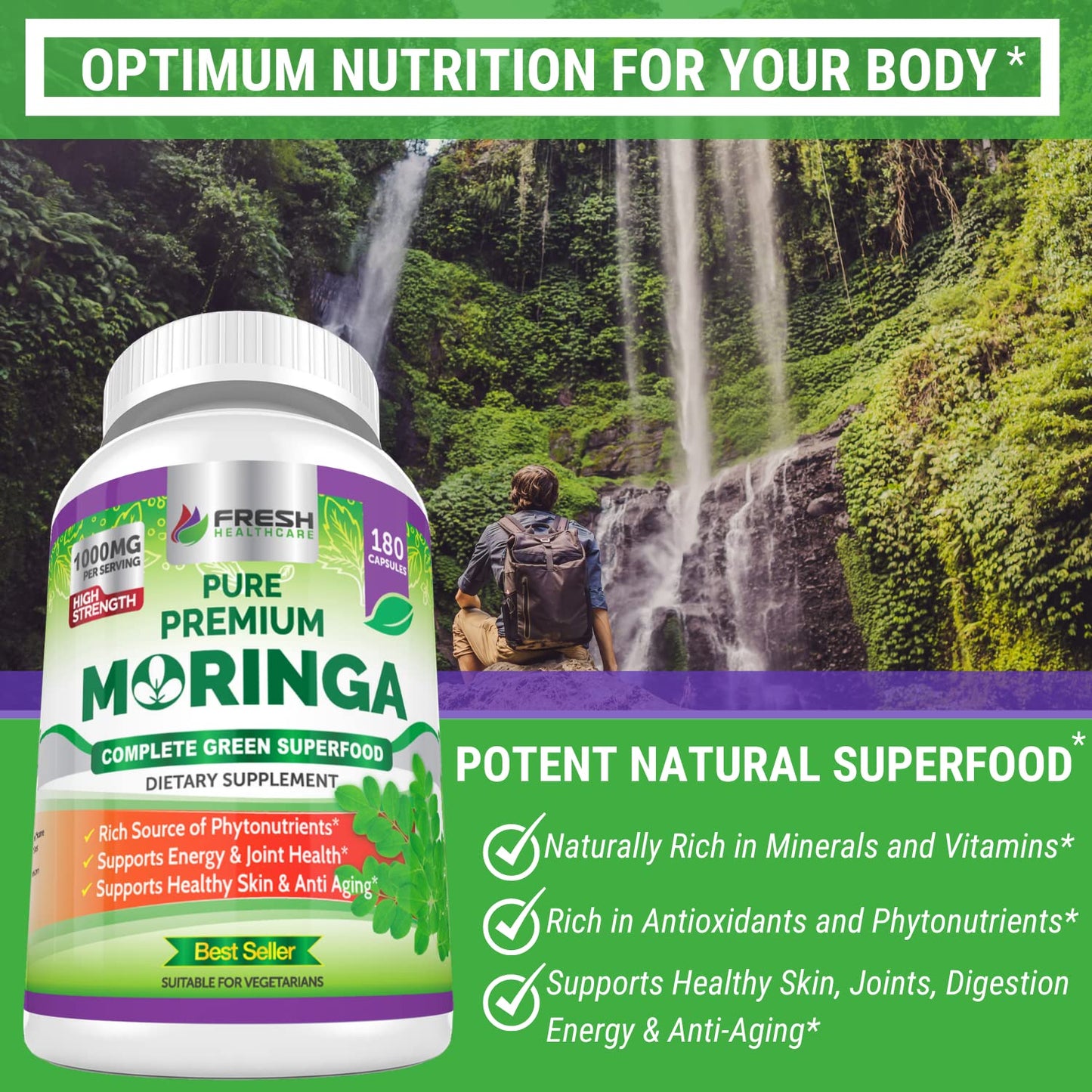 FRESH HEALTHCARE Moringa Oleifera 180 Capsules – 100% Pure Leaf Powder