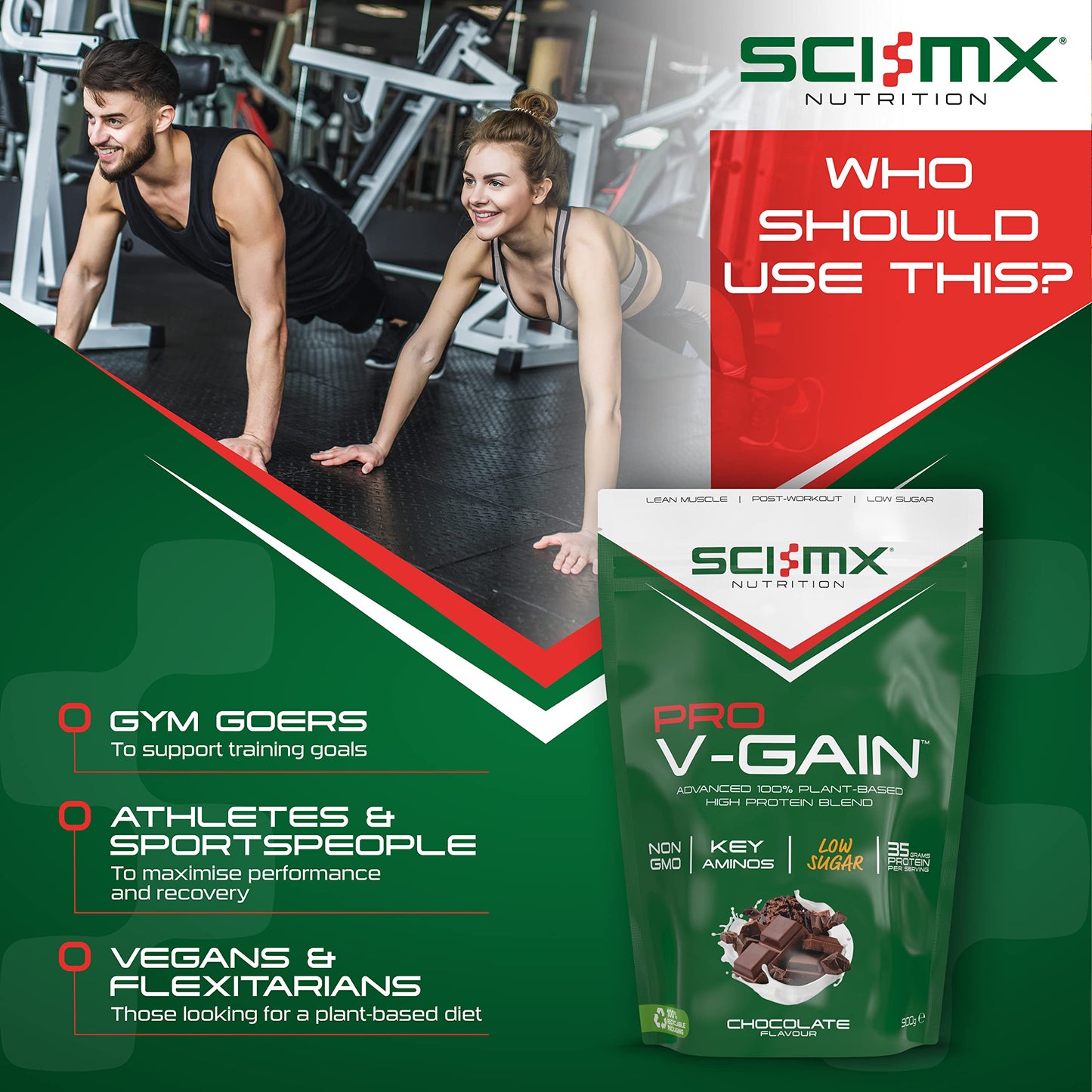 SCI-MX Pro V Gain 100% Plant Based Vegan Protein Formula With No Added Sugar - Chocolate Flavour - 900g - 20 SERVINGS