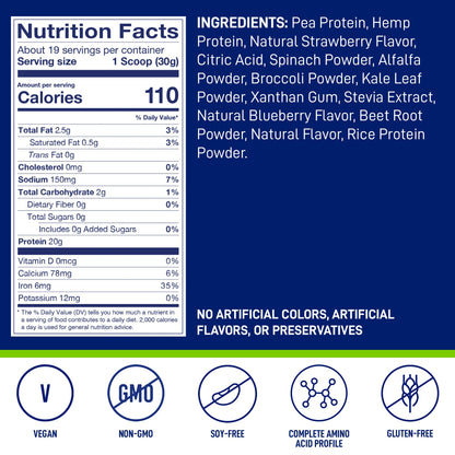 LeanFit Plant-Based Protein & Greens, Natural Berry, 20g Protein, 19 Servings, 1.25 Pound