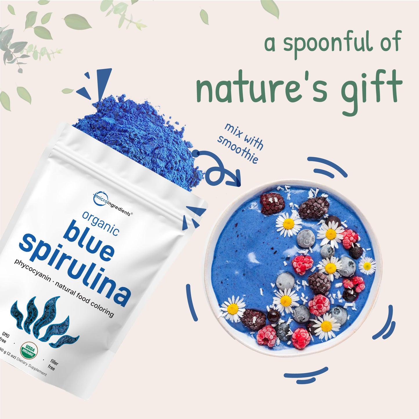 Organic Blue Spirulina Powder (Phycocyanin Extract), 60 Servings - No Fishy Smell