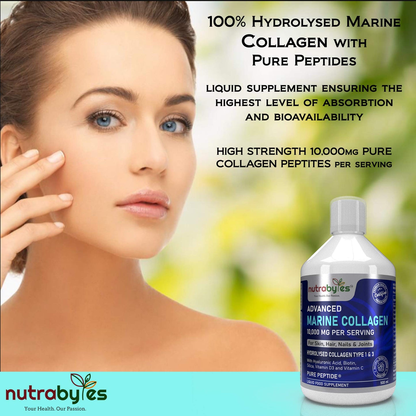 Marine Collagen Liquid 10000mg Sugar Free, Hydrolysed Peptides | Hyaluronic Acid, Biotin, Silica, Vitamin C, Vitamin D3