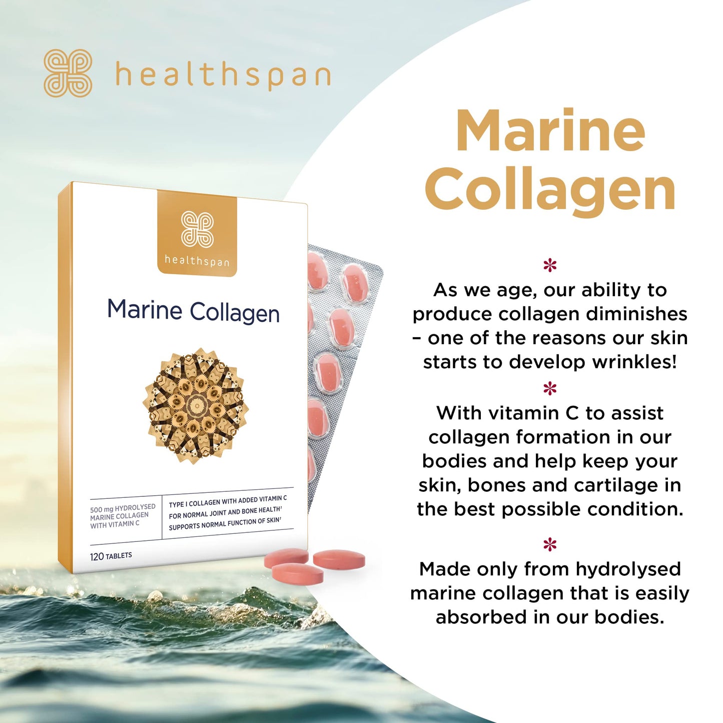 Healthspan Marine Collagen 500mg (120 Tablets) | Hydrolysed Type I Marine Collagen