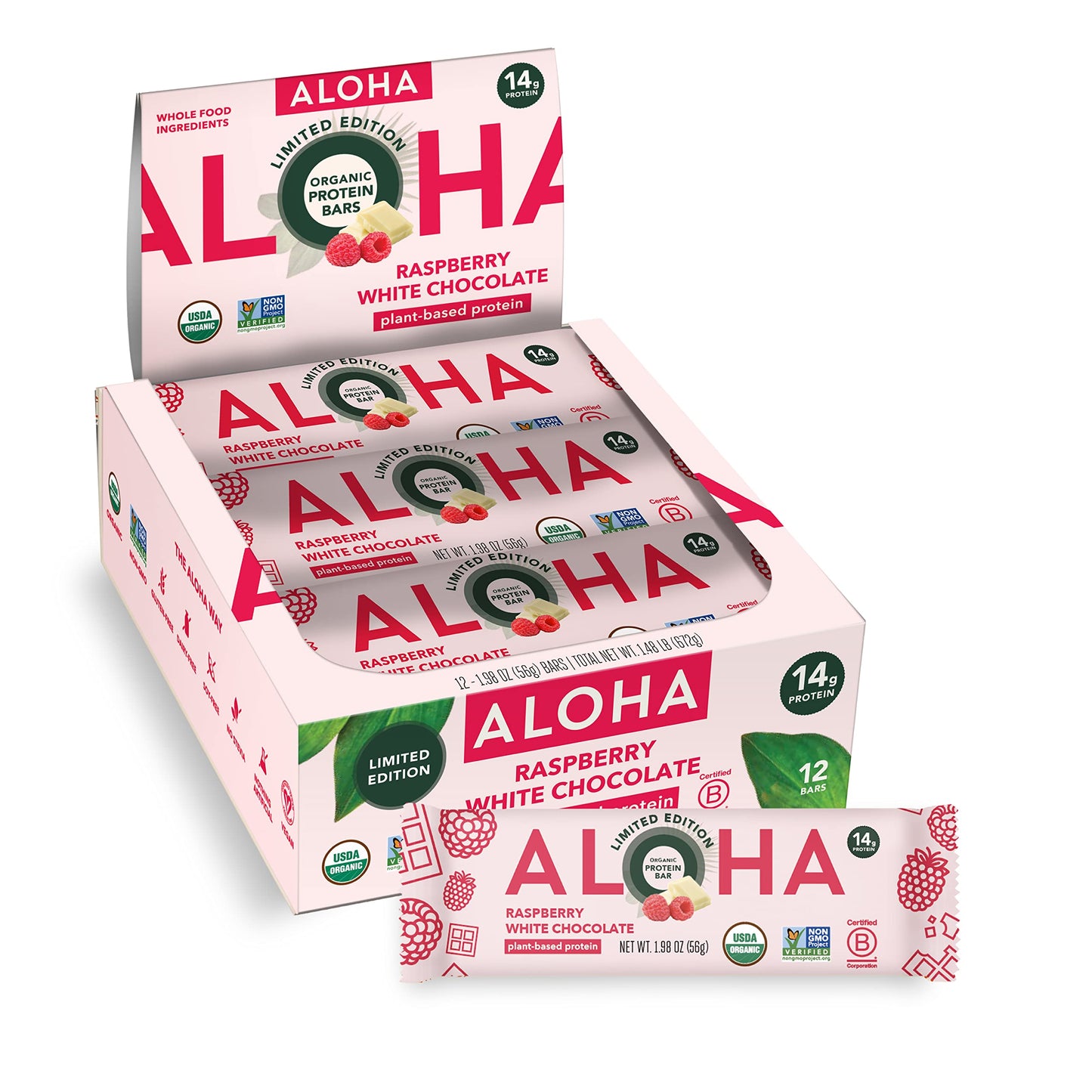 ALOHA Organic Plant Based Protein Bars | Raspberry White Chocolate | 12 Count, 1.98oz 