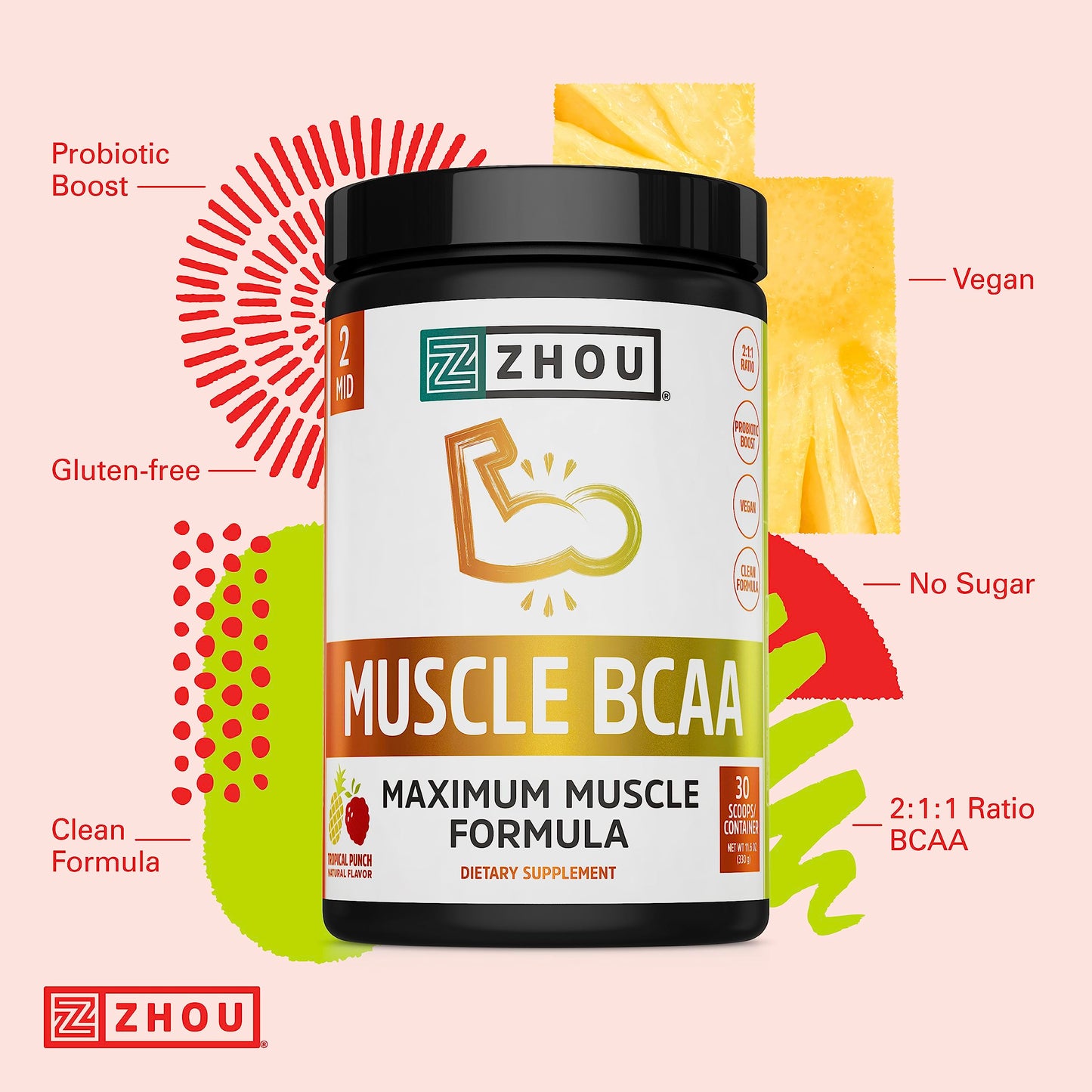 Zhou Nutrition Muscle BCAA Powder, Vegan Muscle Recovery, Natural, Clean Formula