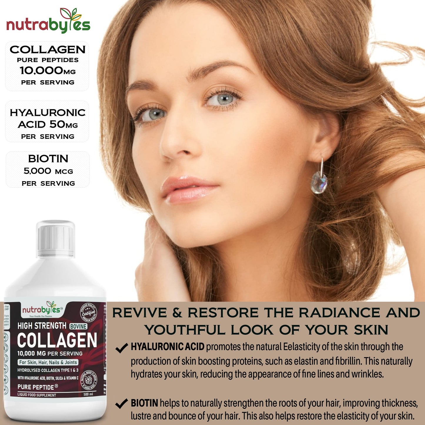 Collagen Liquid 10000mg, Hydrolysed Peptides | Hyaluronic Acid, Biotin, Silica, Vitamin C, Vitamin B12