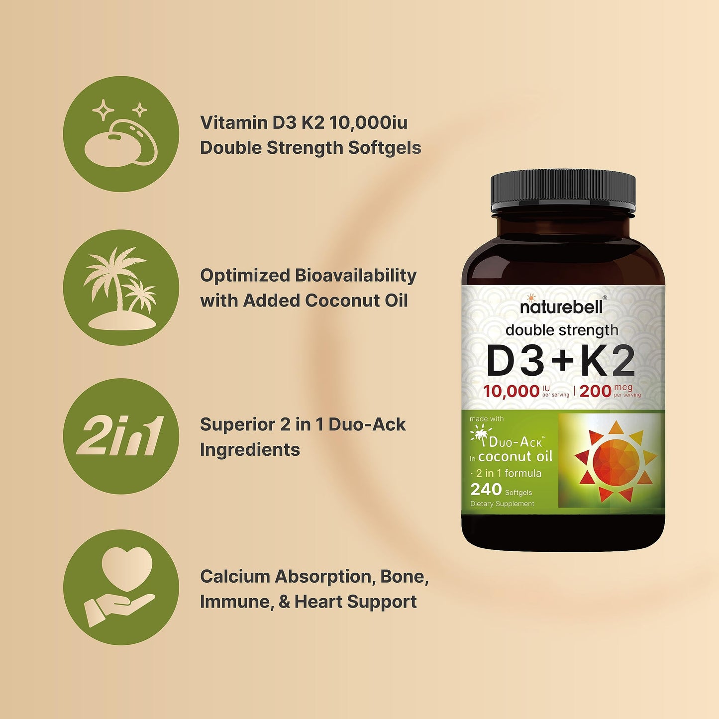 NatureBell Vitamin D3 K2 (10,000 IU Vitamin D + 200mcg Vitamin K MK-7) 240 Softgels