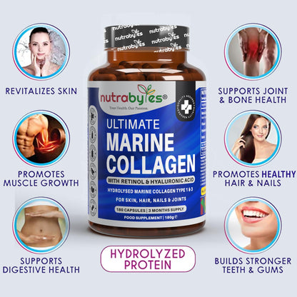 High Strength Marine Collagen with Hyaluronic Acid, Retinol and Vitamin C | 180 Capsules - 3 Months Supply