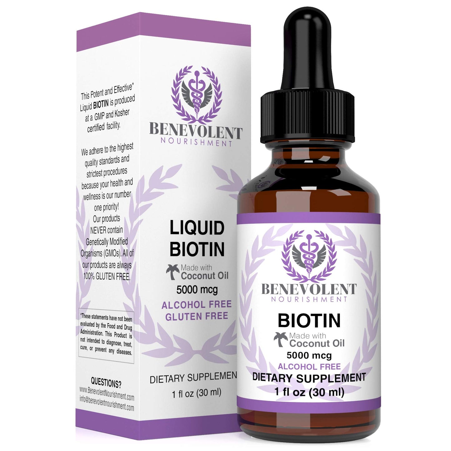 Benevolent Liquid Biotin 5000 mcg - Infused with Coconut Oil for 5X Absorption, Non-GMO