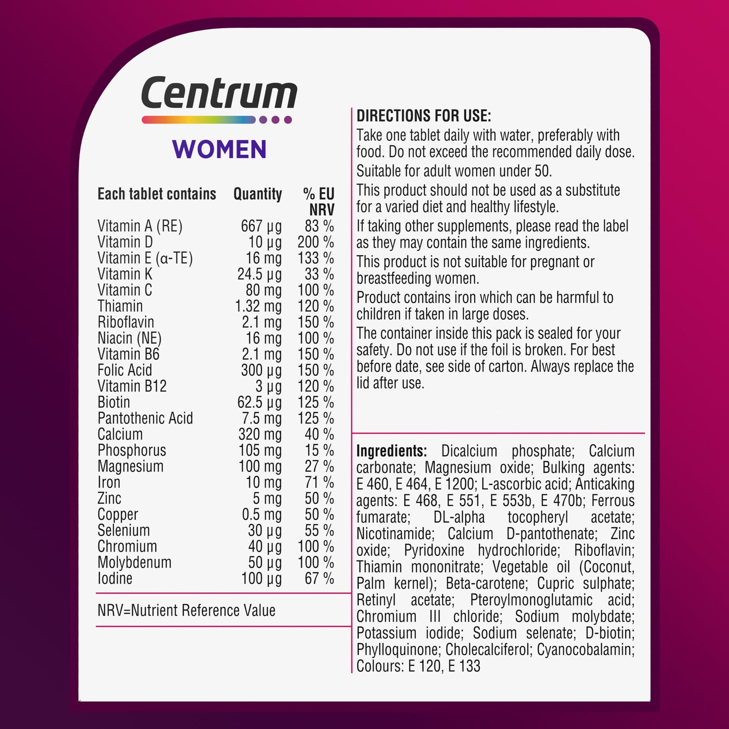 Centrum Women Tablets Multivitamin & Mineral Supplements, with 23 essential nutrients