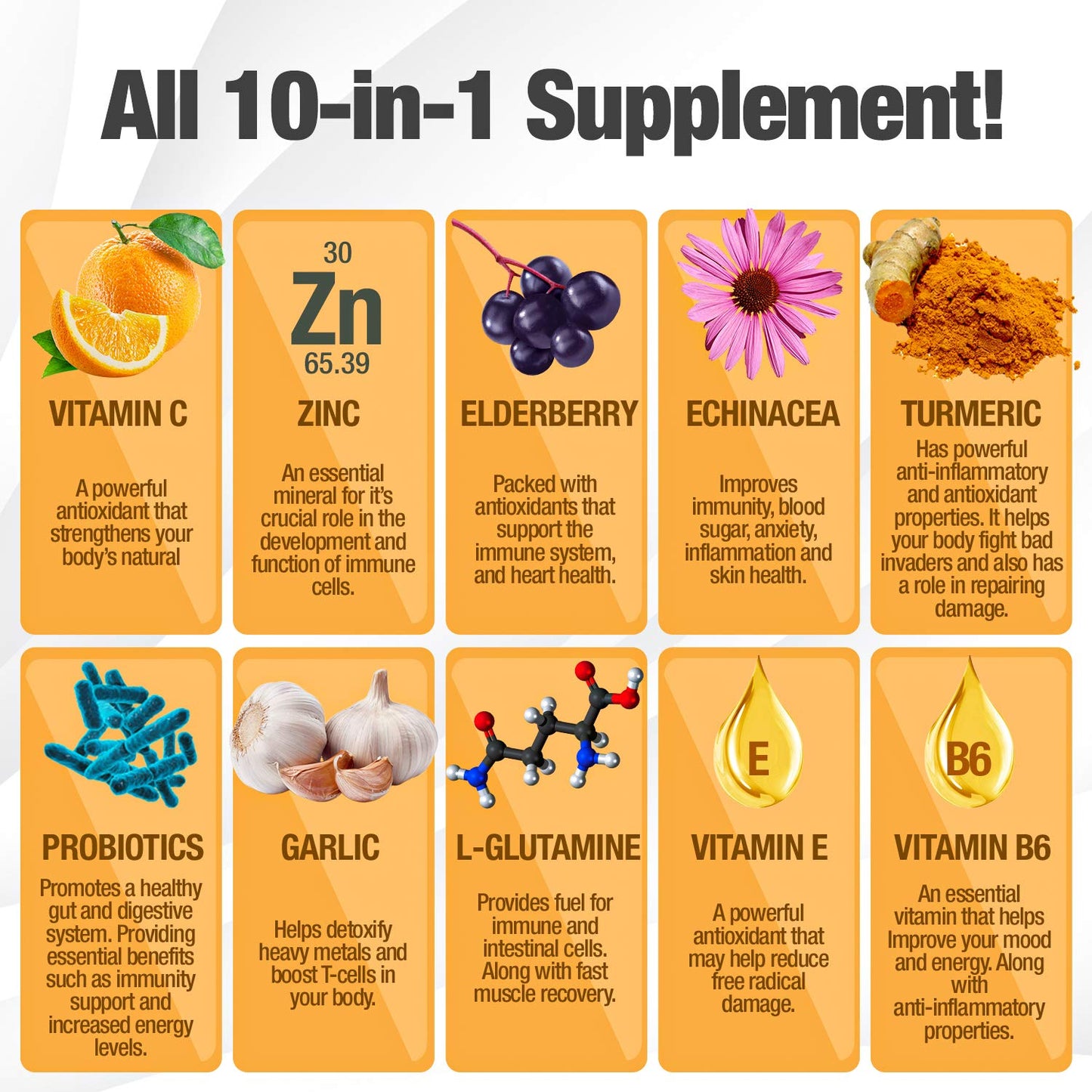 10 in 1 Immune Support Supplement (No Fillers) | Vitamin C, Zinc, Elderberry, Echinacea