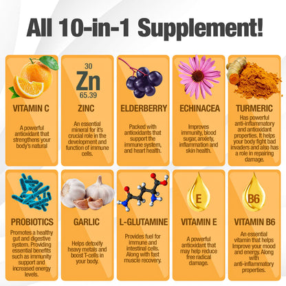 10 in 1 Immune Support Supplement (No Fillers) | Vitamin C, Zinc, Elderberry, Echinacea