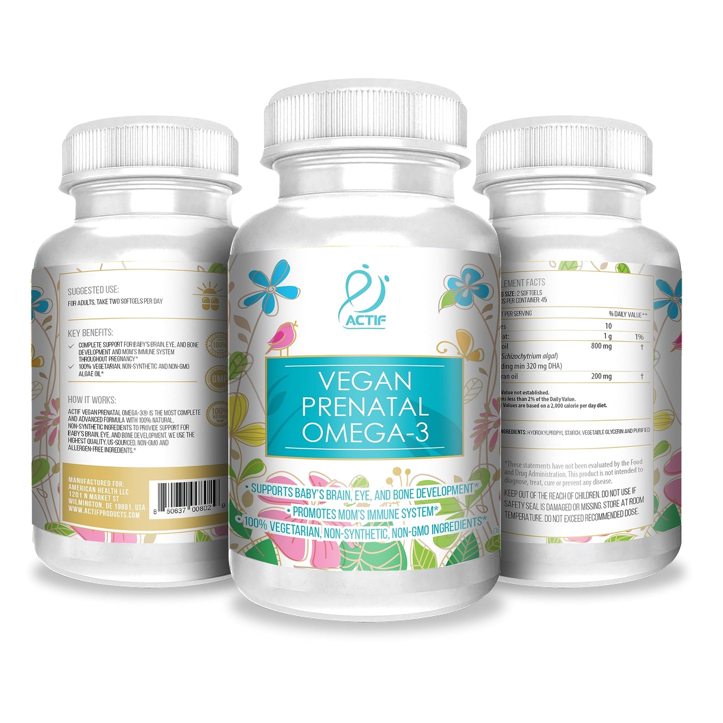 Actif Organic Vegan Prenatal Omega-3 with High Strength Algae Oil Formula, 100% Natural