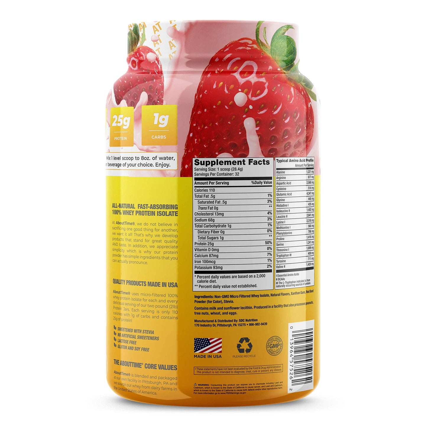 About Time Whey Protein Isolate Strawberry 2lb - 25g Protein, Non-GMO, 0g Fat, 0g Sugars