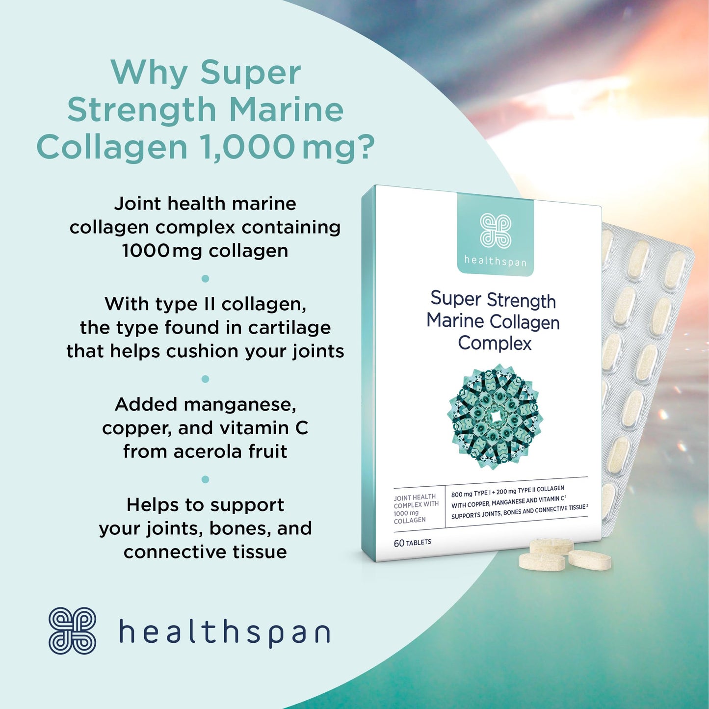 Healthspan 1,000mg Marine Collagen Complex 60 Tablets | 800mg Type I + 200mg Type II Collagen