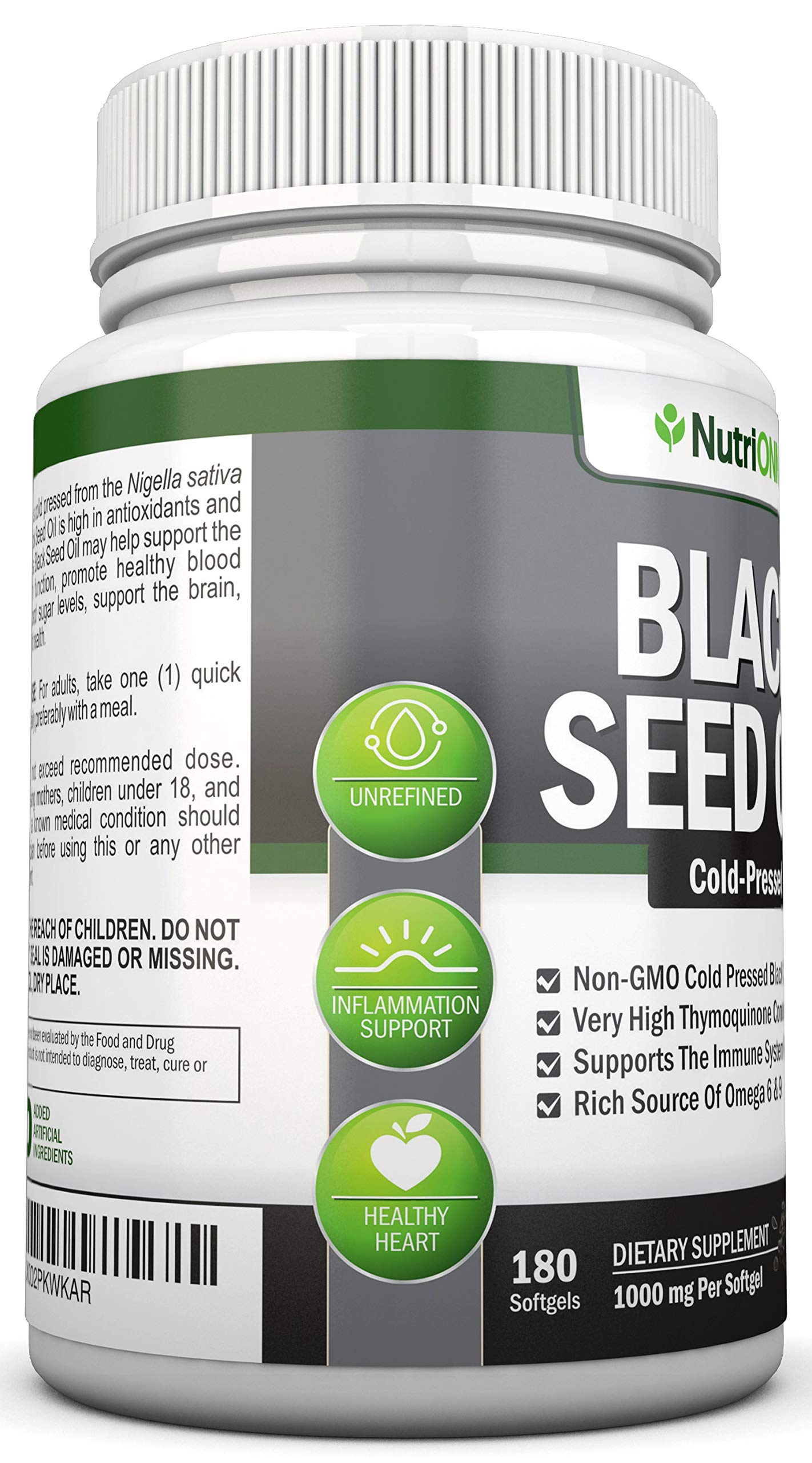 Black Seed Oil - 1000 Mg - 180 Softgels - Cold-Pressed Non-GMO Black Cumin Seed