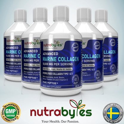 Marine Collagen Liquid 10000mg Sugar Free, Hydrolysed Peptides | Hyaluronic Acid, Biotin, Silica, Vitamin C, Vitamin D3