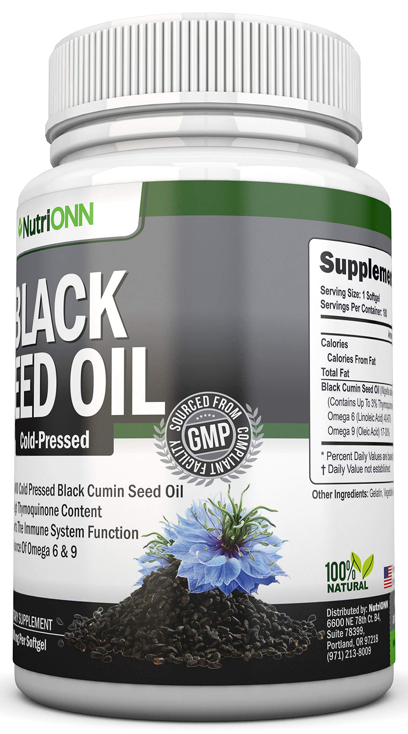 Black Seed Oil - 1000 Mg - 180 Softgels - Cold-Pressed Non-GMO Black Cumin Seed