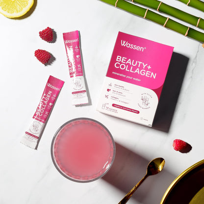 Wassen Beauty and Collagen - Plant-Based Vegan Collagen - 14 Raspberry & Lemon Flavoured Sachets