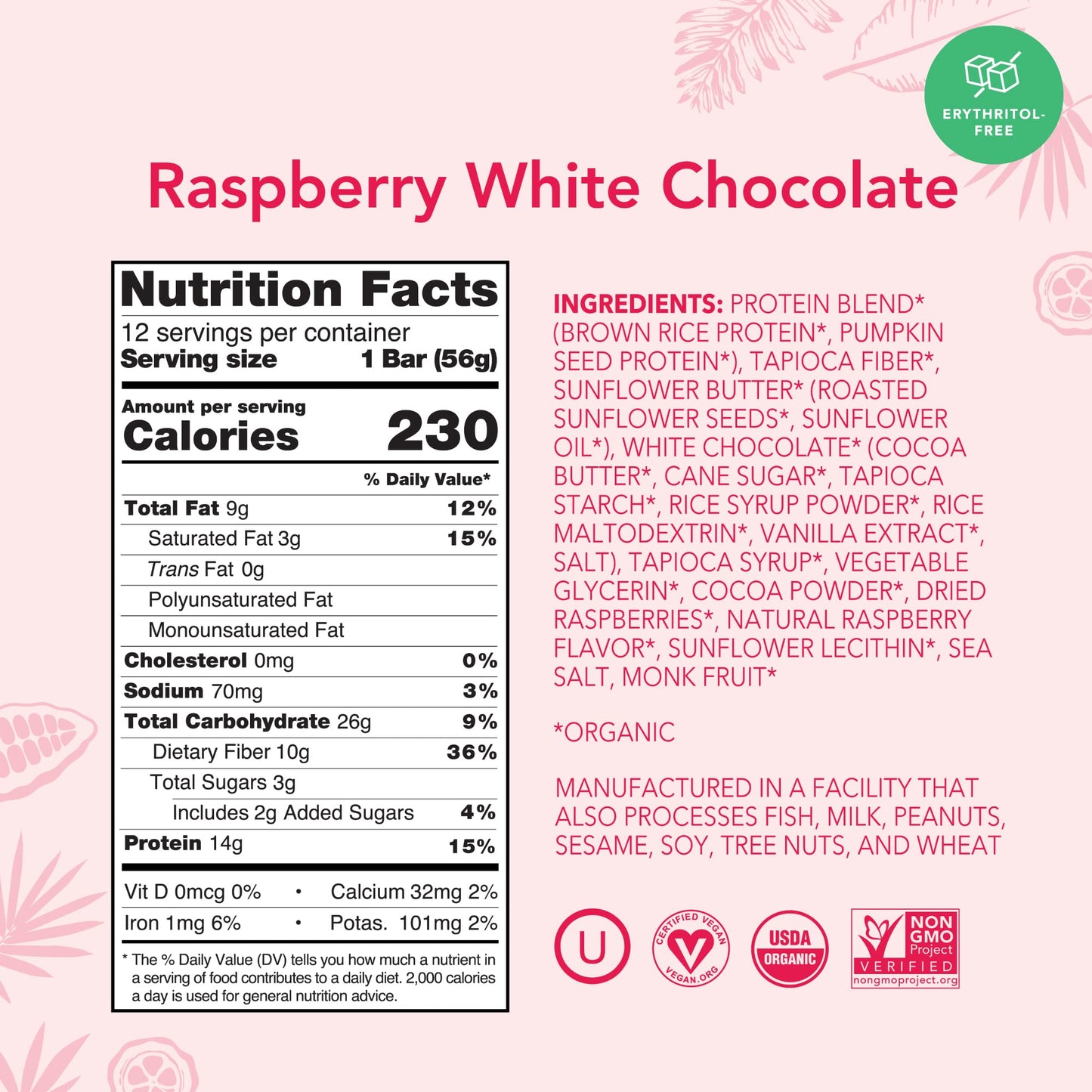 ALOHA Organic Plant Based Protein Bars | Raspberry White Chocolate | 12 Count, 1.98oz