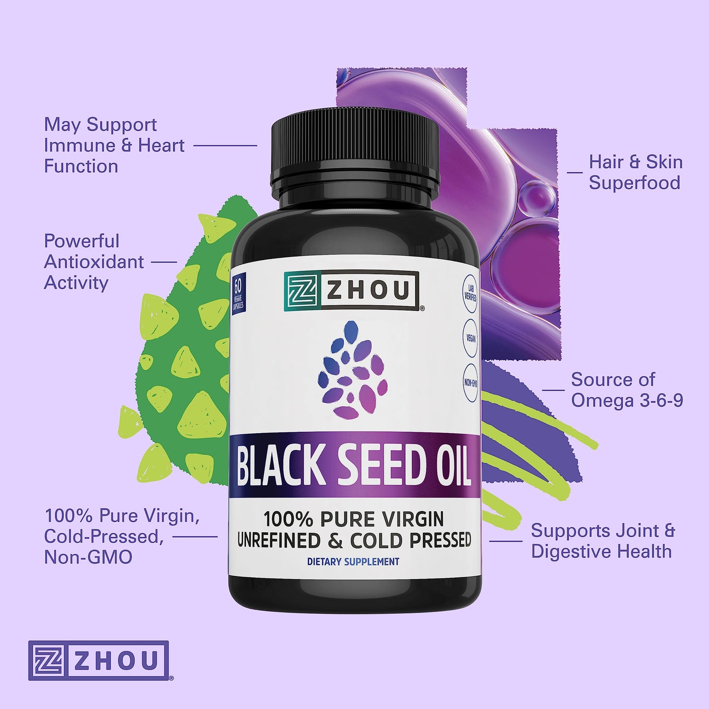 Zhou Nutrition Black Seed Oil Capsules, 100% Virgin, Cold Pressed Source of Omega