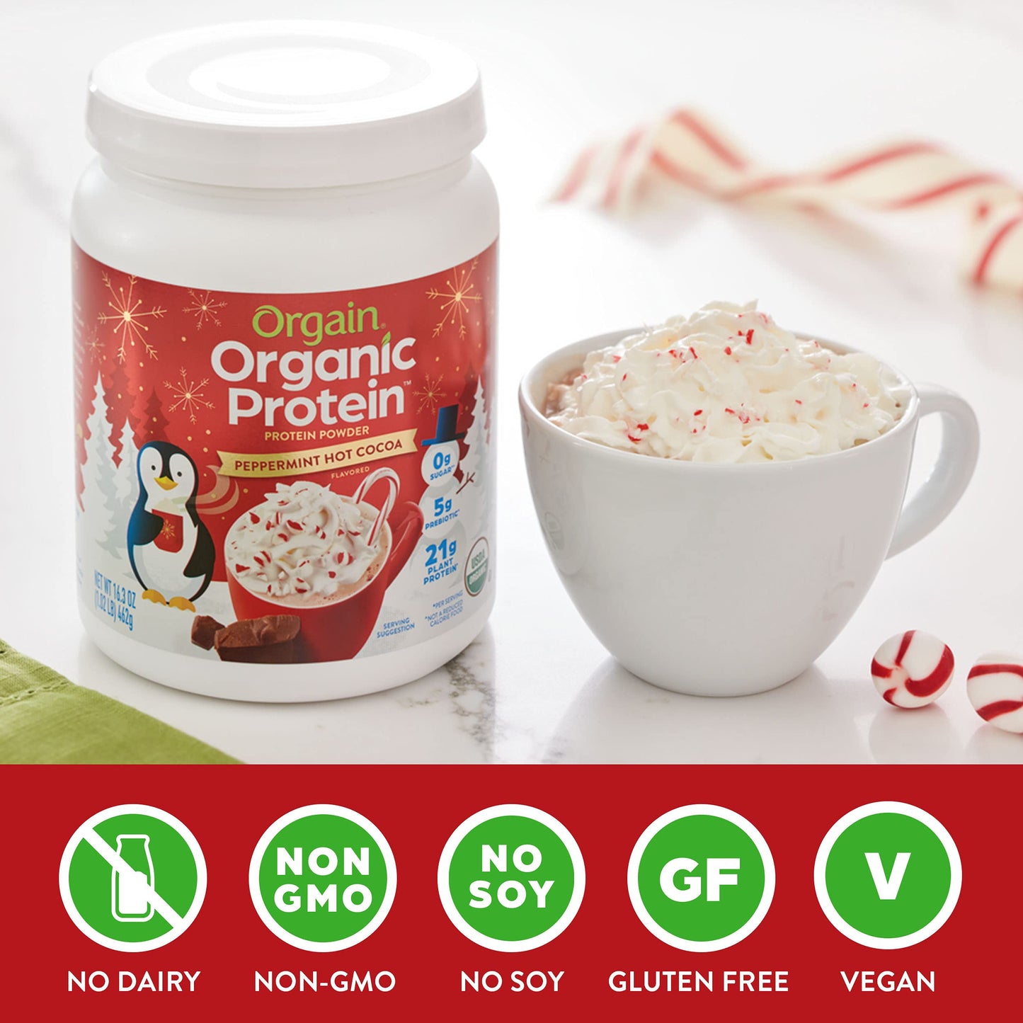 Orgain Organic Vegan Protein Powder, Peppermint Hot Cocoa Seasonal Holiday Flavor