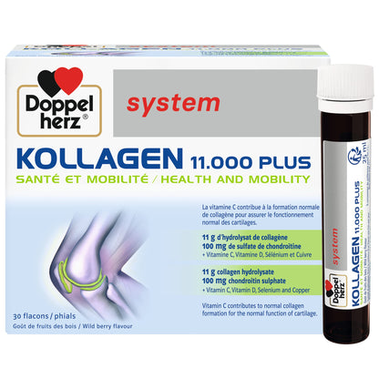 Doppelherz - Kollagen 11000 Plus - Collagen hydrolysate, chondroitin Sulphate, Vitamins C and D and Trace Elements - for Bones, cartilages and tendons - Wild Berry Flavour Liquid- 30 Bottles of 25ml