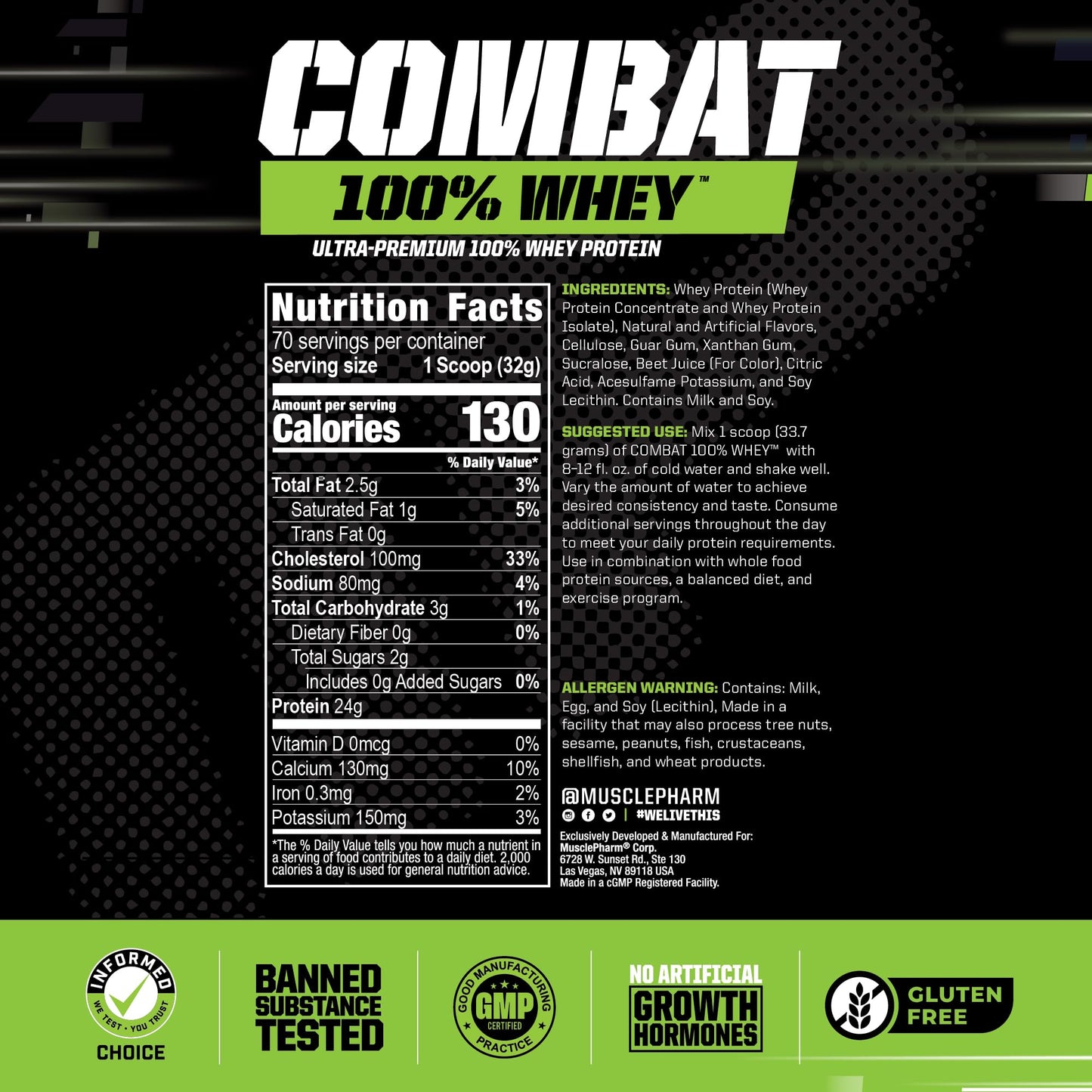 MusclePharm Combat 100% Whey Protein Powder, Strawberry Cream Flavor