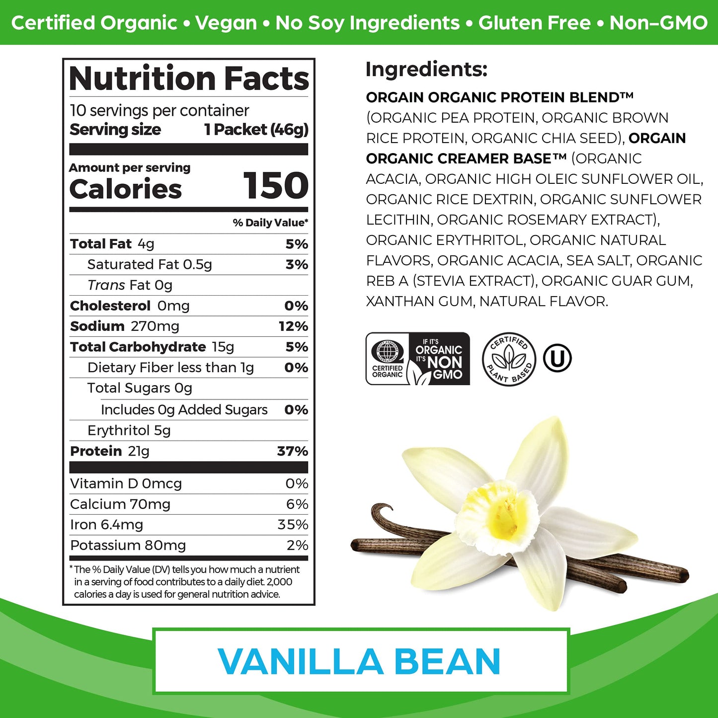 Orgain Organic Vegan Protein Powder, Vanilla Bean - 21g Plant Based Protein, Gluten Free