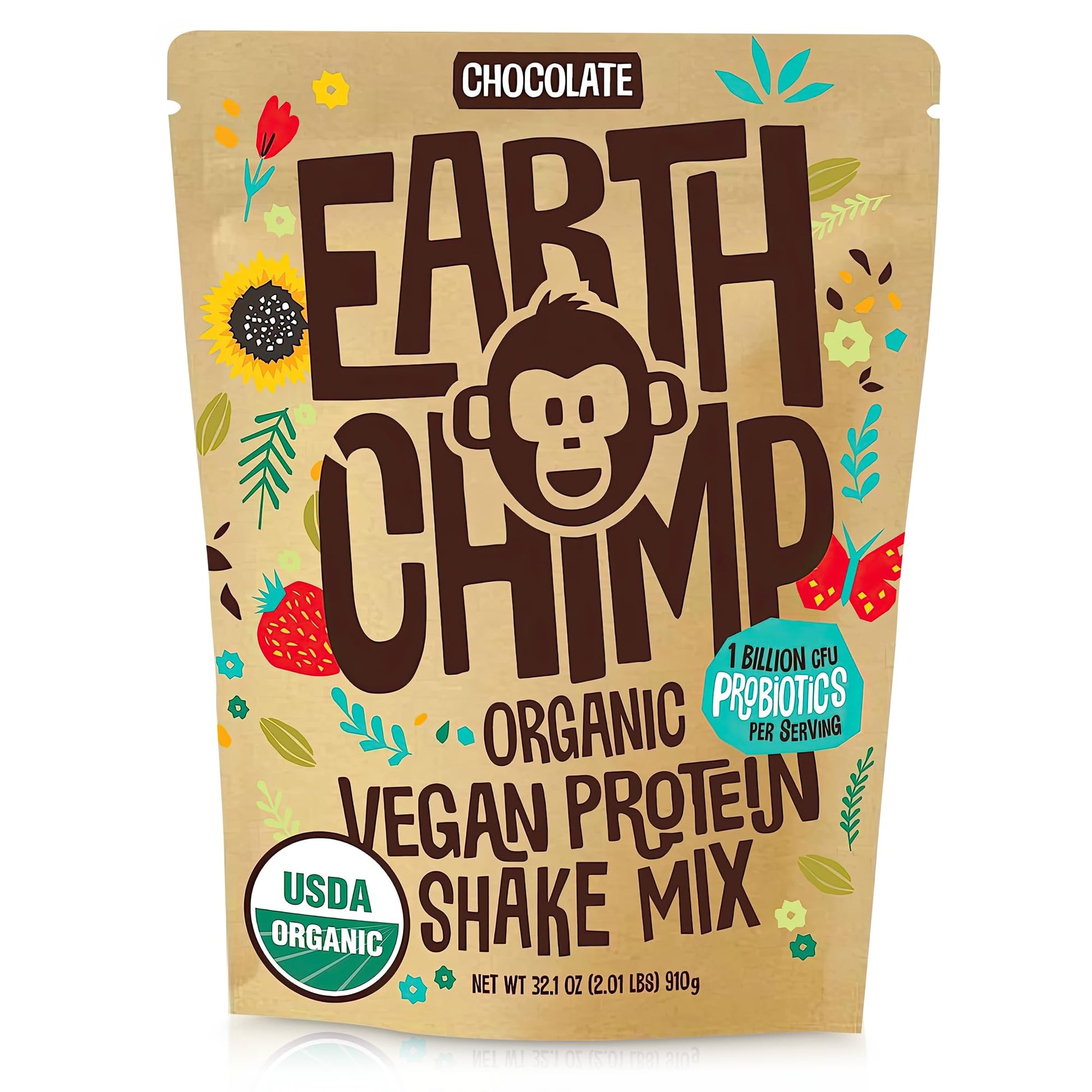 EarthChimp Organic Vegan Protein Powder - with Probiotics - Non GMO, Dairy Free