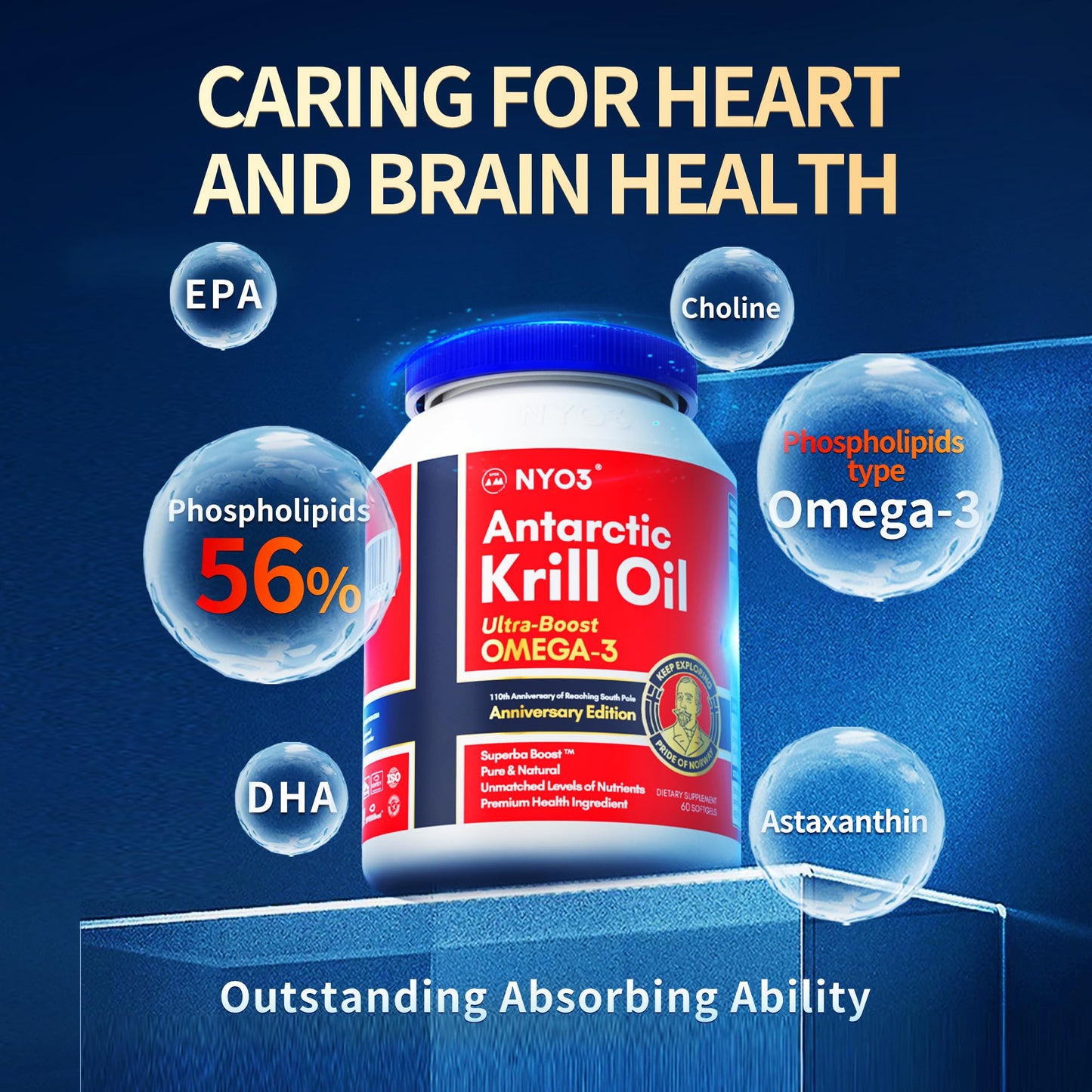 NYO3 Antarctic Krill Oil 1000mg Omega 3 Supplement, EPA & DHA, 90 Softgels Astaxanthin