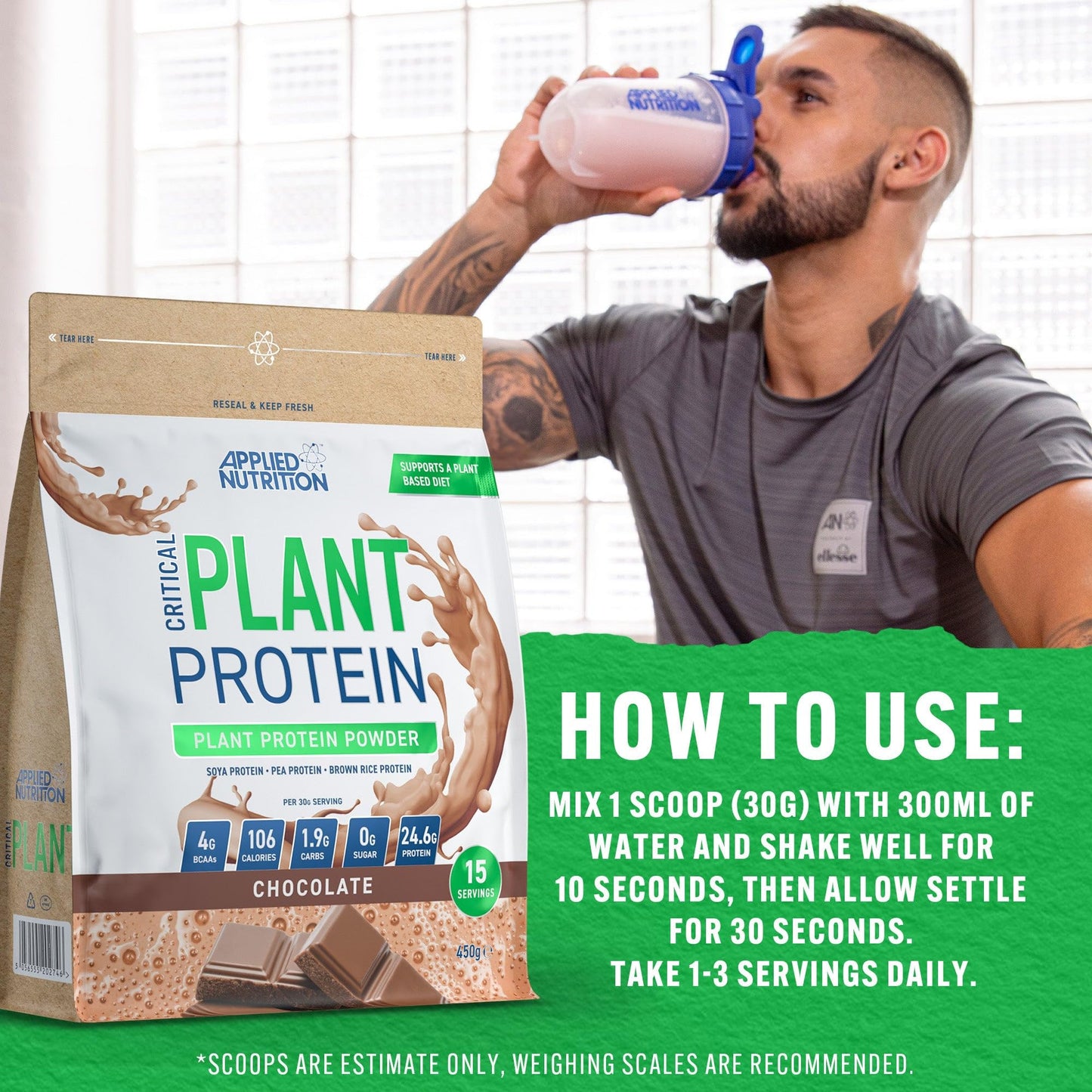 Applied Nutrition Plant Protein Powder – Critical Plant Vegan Protein Shake with SOYA, Pea, Brown Rice Proteins