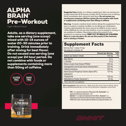 ONNIT Alpha Brain Pre-Workout - Tiger's Blood (20 Serving Tub)