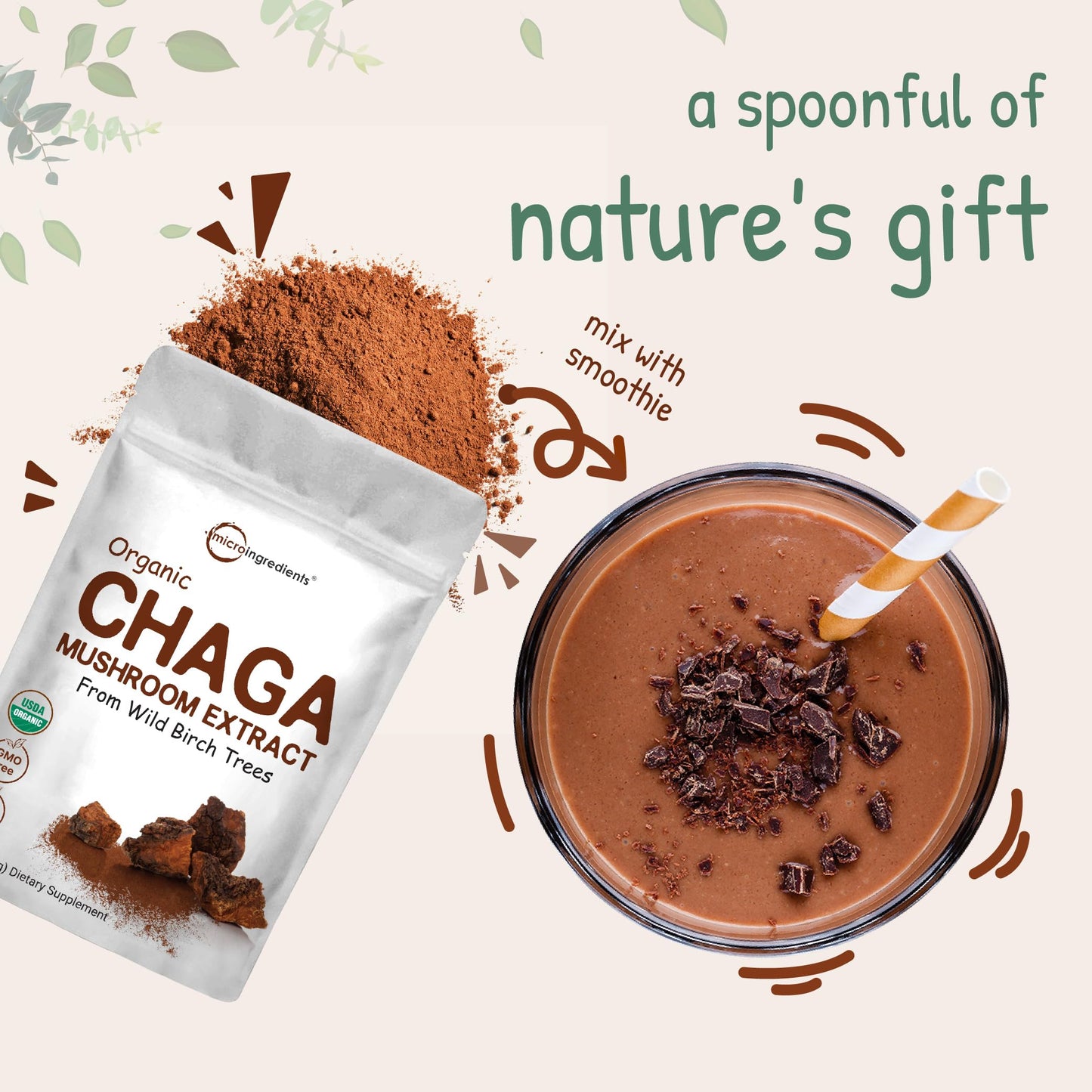 Micro Ingredients Organic Chaga Mushroom Extract 100:1 Powder, 10 Ounce | Wild Harvest