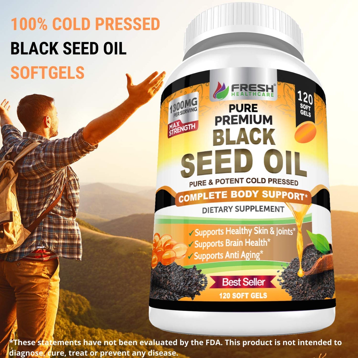 Black Seed Oil Capsules Cold Pressed 1300mg Per Serving, 100% Pure & Premium