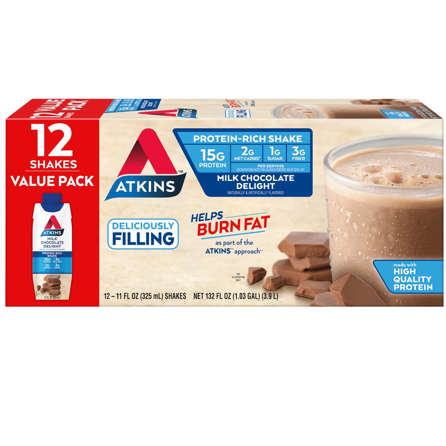 Atkins Milk Chocolate Delight Protein Shake, 15g Protein, Low Glycemic, 2g Net Carb