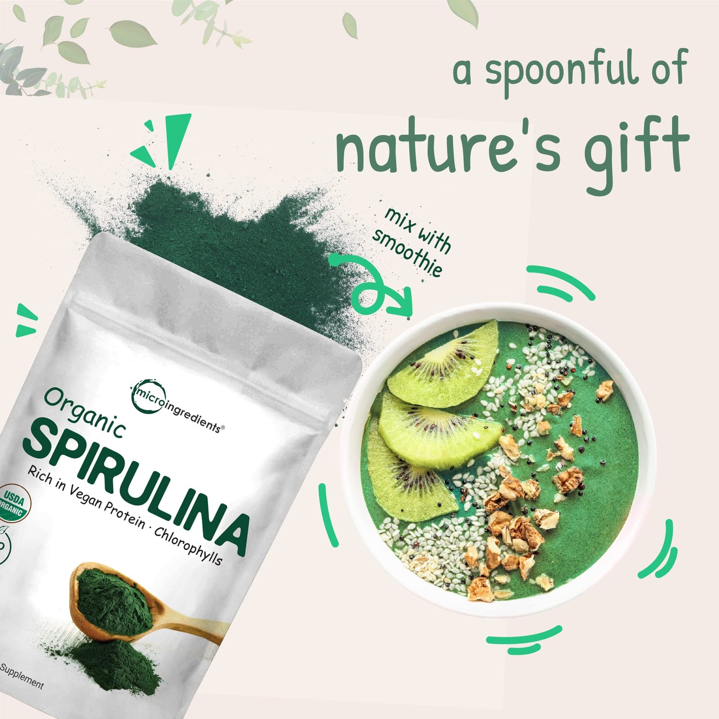 Micro Ingredients Organic Spirulina Powder, 16 Ounce, Raw Spirulina