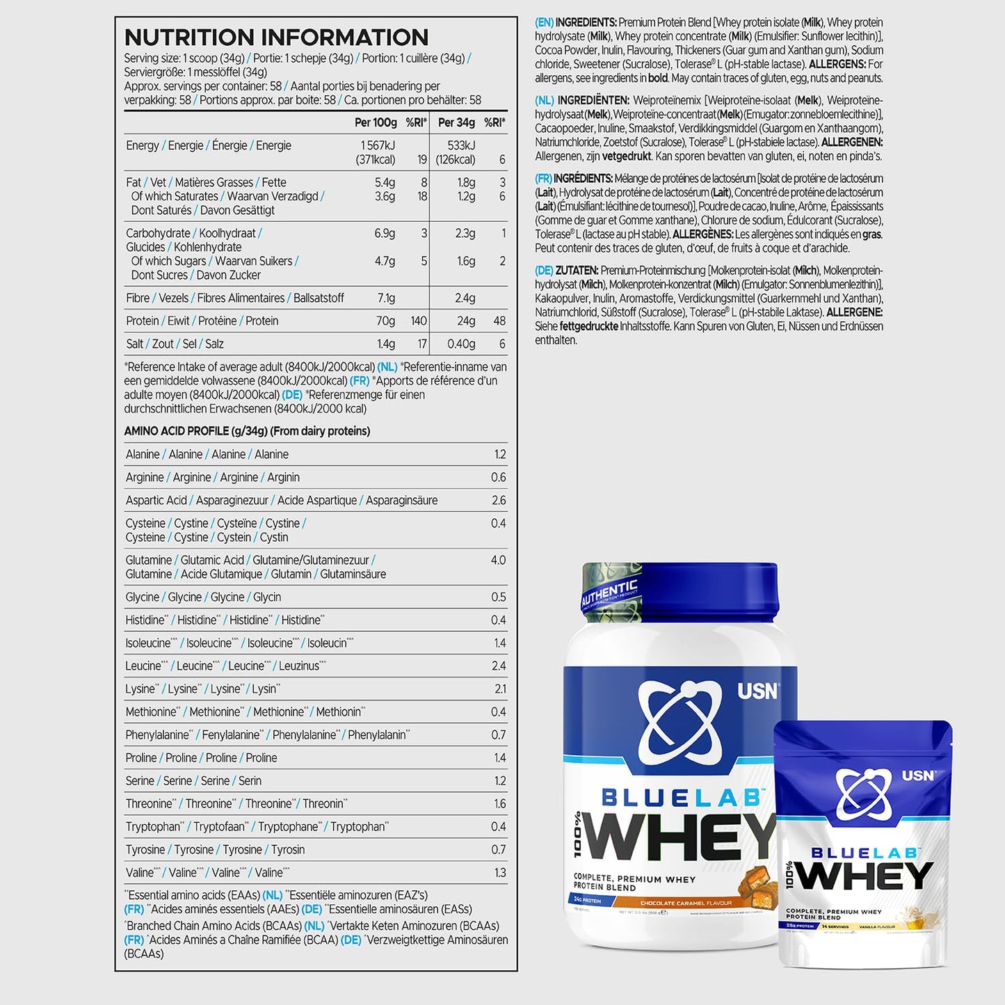 USN Blue Lab Whey Protein Powder: Chocolate Caramel - Whey Protein 908g