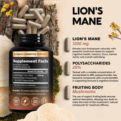 Organic Lions Mane - Certified Mushroom Supplement - Made in USA - Fruiting Bodies