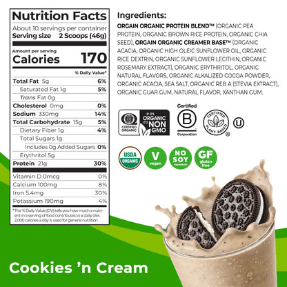 Orgain Organic Vegan Protein Powder, Cookies and Cream - 21g Plant Based Protein